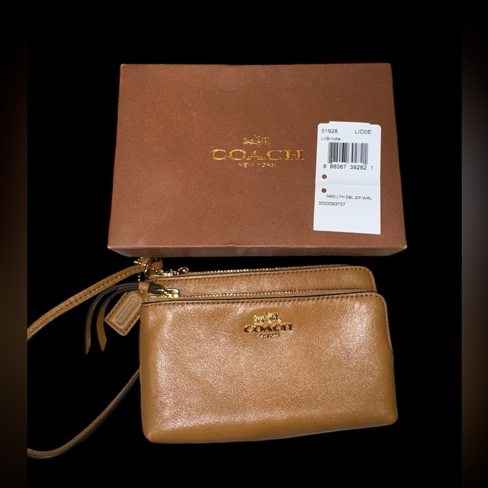 Coach Madison Double Zip Wristlet In Leather Caramel Color NWT AND BOX